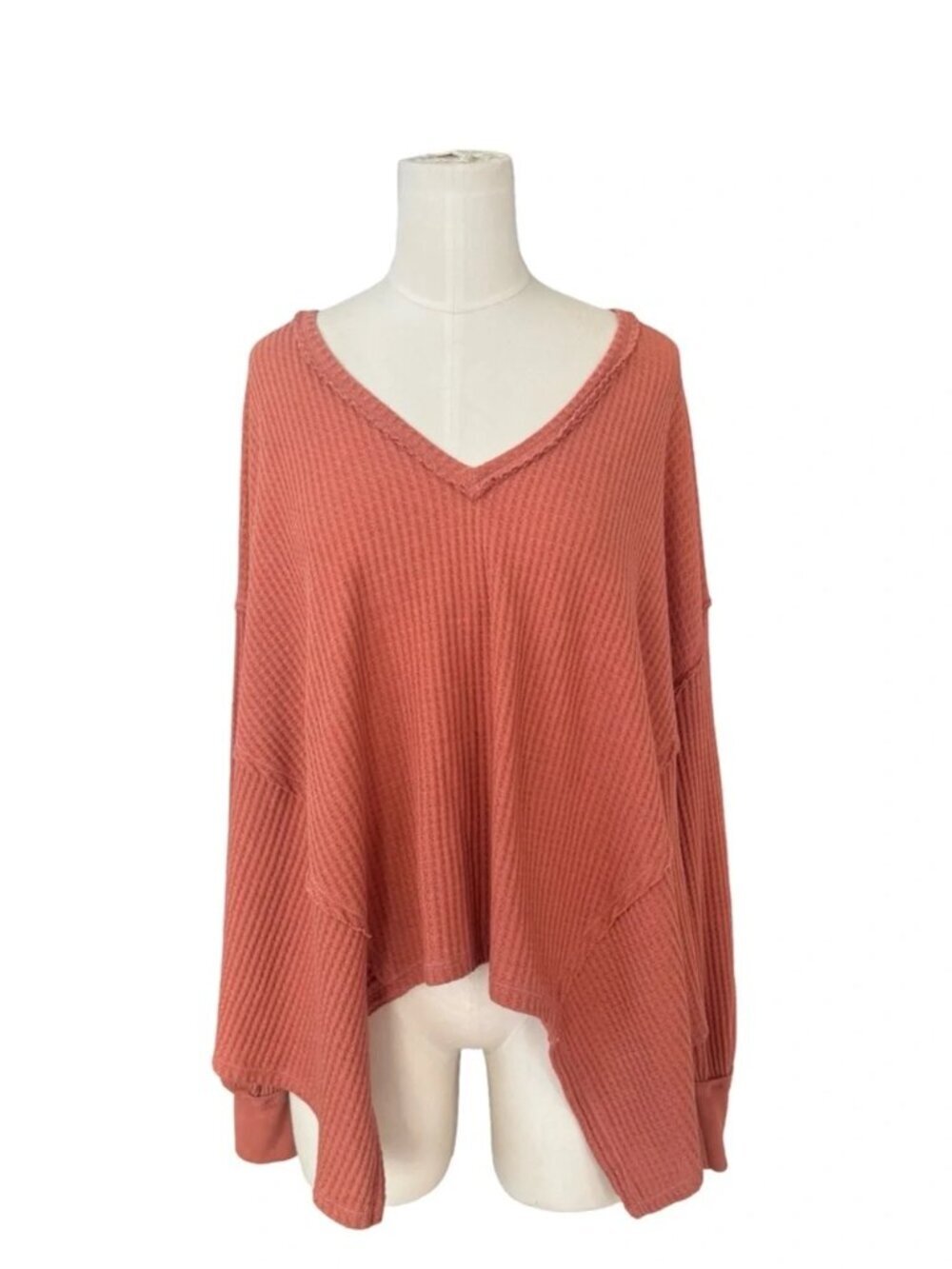 We The Free Waffle Knit Oversized V-Neck Thermal Top Pink XS - Picture 3 of 7
